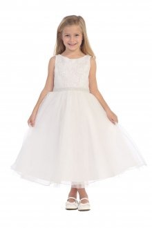 White Embroidered Sequin Bodice Flower Girl Dress